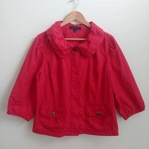 Red cotton nylon short jacket bracelet sleeve Peter Pan collar size 14 Tribella